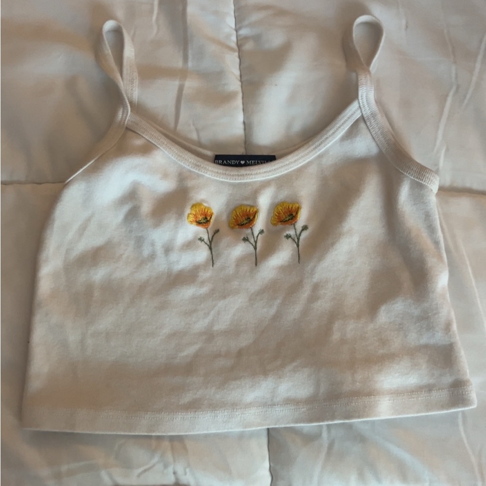 Brandy Melville White Camisole with Yellow Floral Design